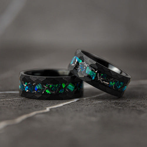 COSMOREX - Meteorite and Emerald Green Opal Hammered Tungsten Ring