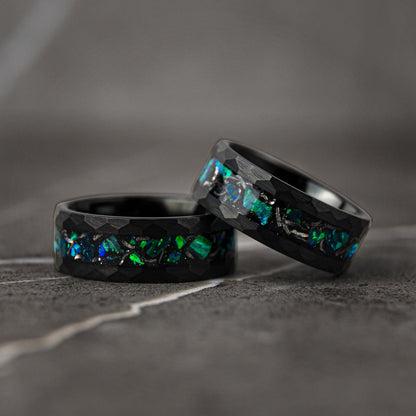 COSMOREX - Meteorite and Emerald Green Opal Hammered Tungsten Ring