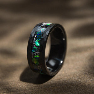 COSMOREX - Meteorite and Emerald Green Opal Hammered Tungsten Ring