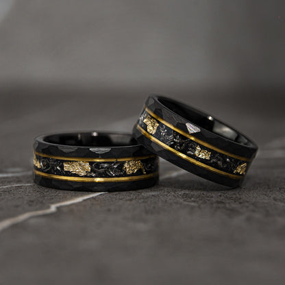 BLACK & YELLOW - Damascus Meteorite Crushed Gold Leaf Mens Wedding Band