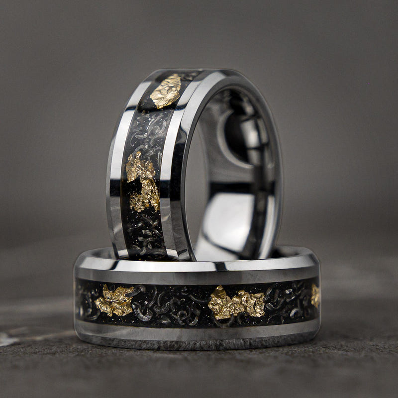 SKYLEAF Type 1 - Meteorite Gold Tungsten Leaf Flakes Wedding Band