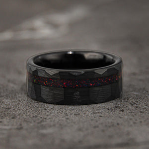HAMMER RED - Black & Red Opal Hammered Wedding Band