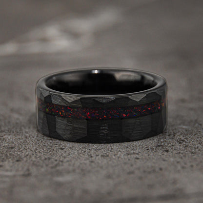 HAMMER RED - Black & Red Opal Hammered Wedding Band