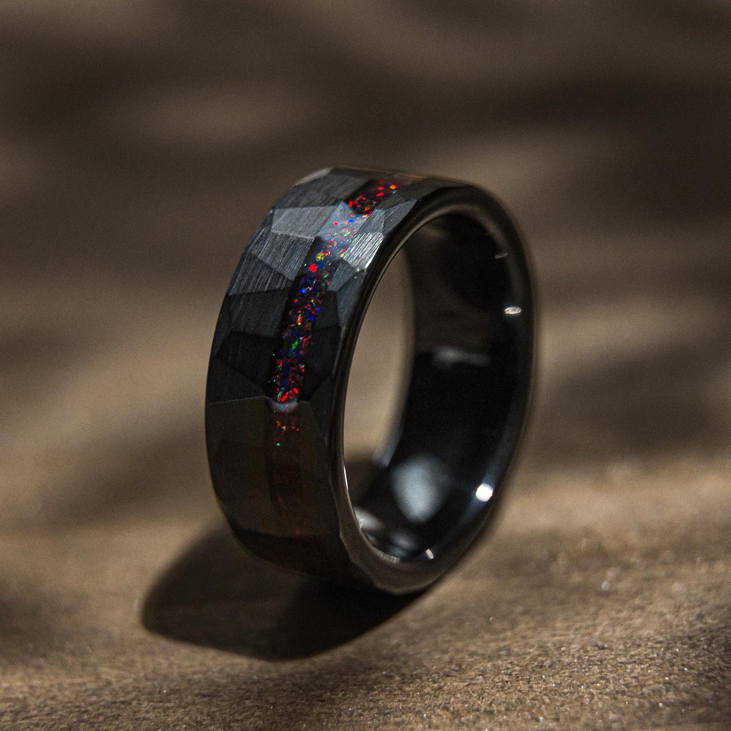 HAMMER RED - Black & Red Opal Hammered Wedding Band