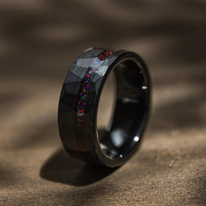 HAMMER RED - Black & Red Opal Hammered Wedding Band